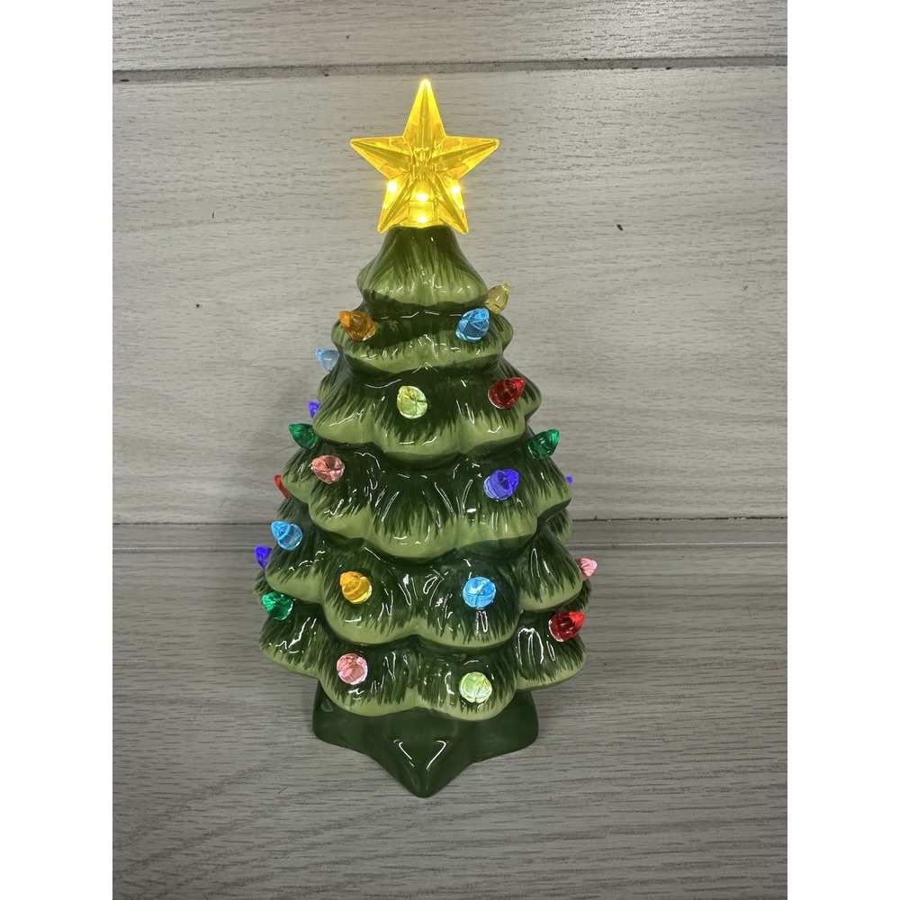 Green Ceramic Pre-Lighted Christmas Decorative Tree 7x4" Timer *Missing 1 Bulb*